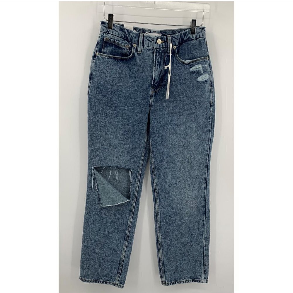 Good American 90s duster straight leg distressed jeans denim blue knee new 27 4